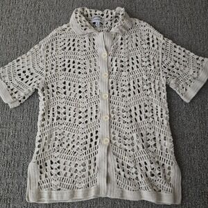 Evereve Crochet Knit Cardigan XS Cream Open Knit Boho Cottagecore Button Up